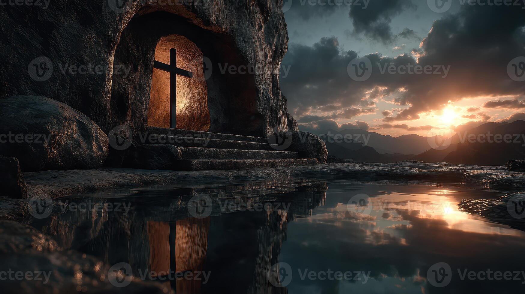 Dark cave entrance with illuminated cross at sunset reflecting in calm water photo