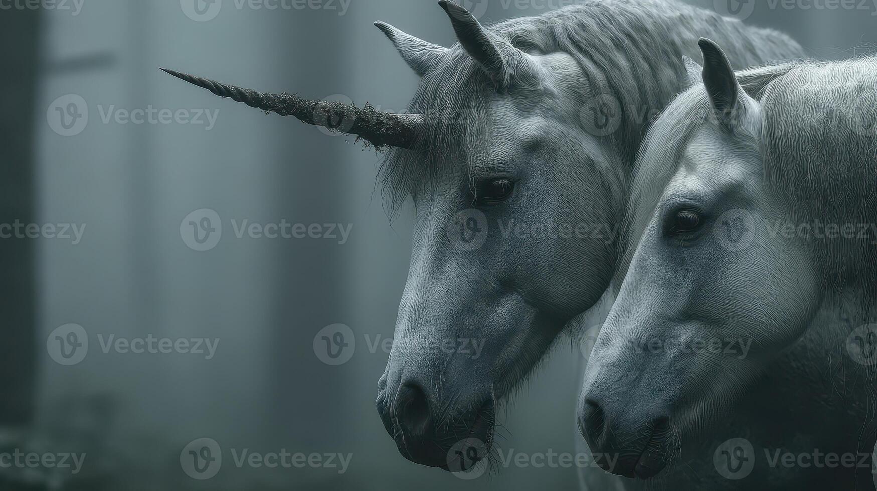 Mystical unicorns standing together in an enchanting forest during twilight hours photo