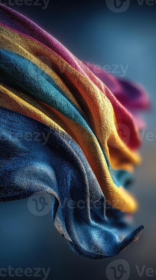 Vibrant fabric waving in the wind showcases a blend of colors and textures ideal for artistic inspiration or design photo
