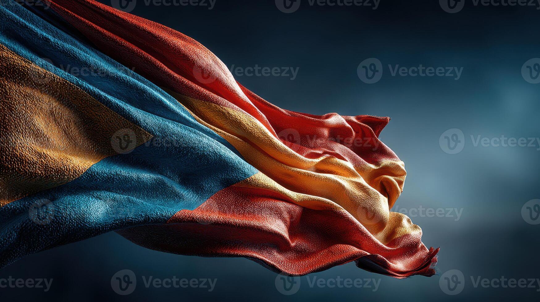 Vibrant flag of Romania waving gracefully in the wind against a dark backdrop photo