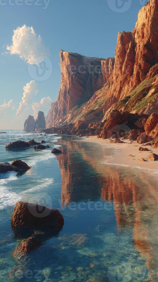 Stunning coastal cliffs reflect in tranquil waters at sunset near the beach photo