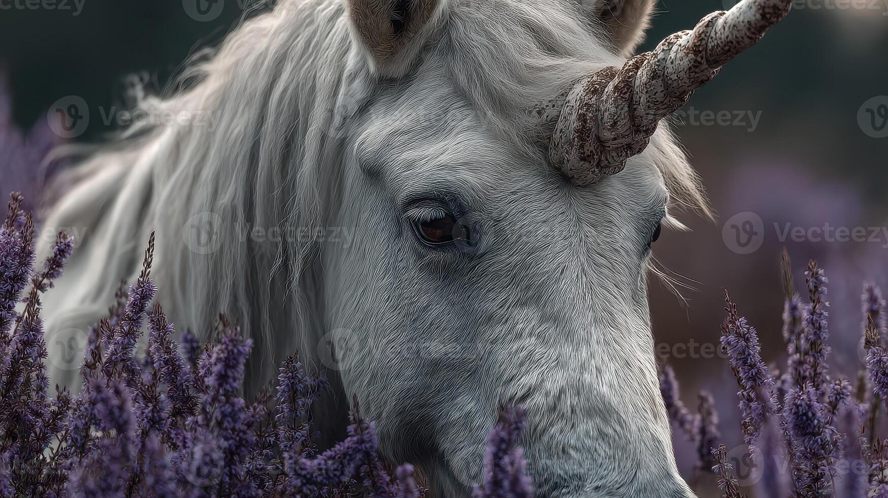 Mystical unicorn grazing in a field of lavender flowers during early morning light photo