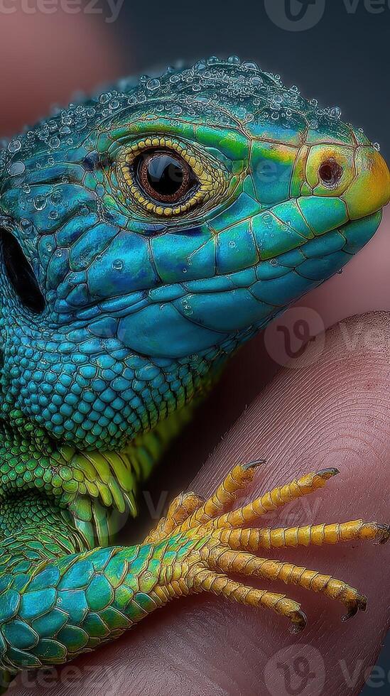 Colorful lizard resting on a hand with water droplets in a close-up setting photo