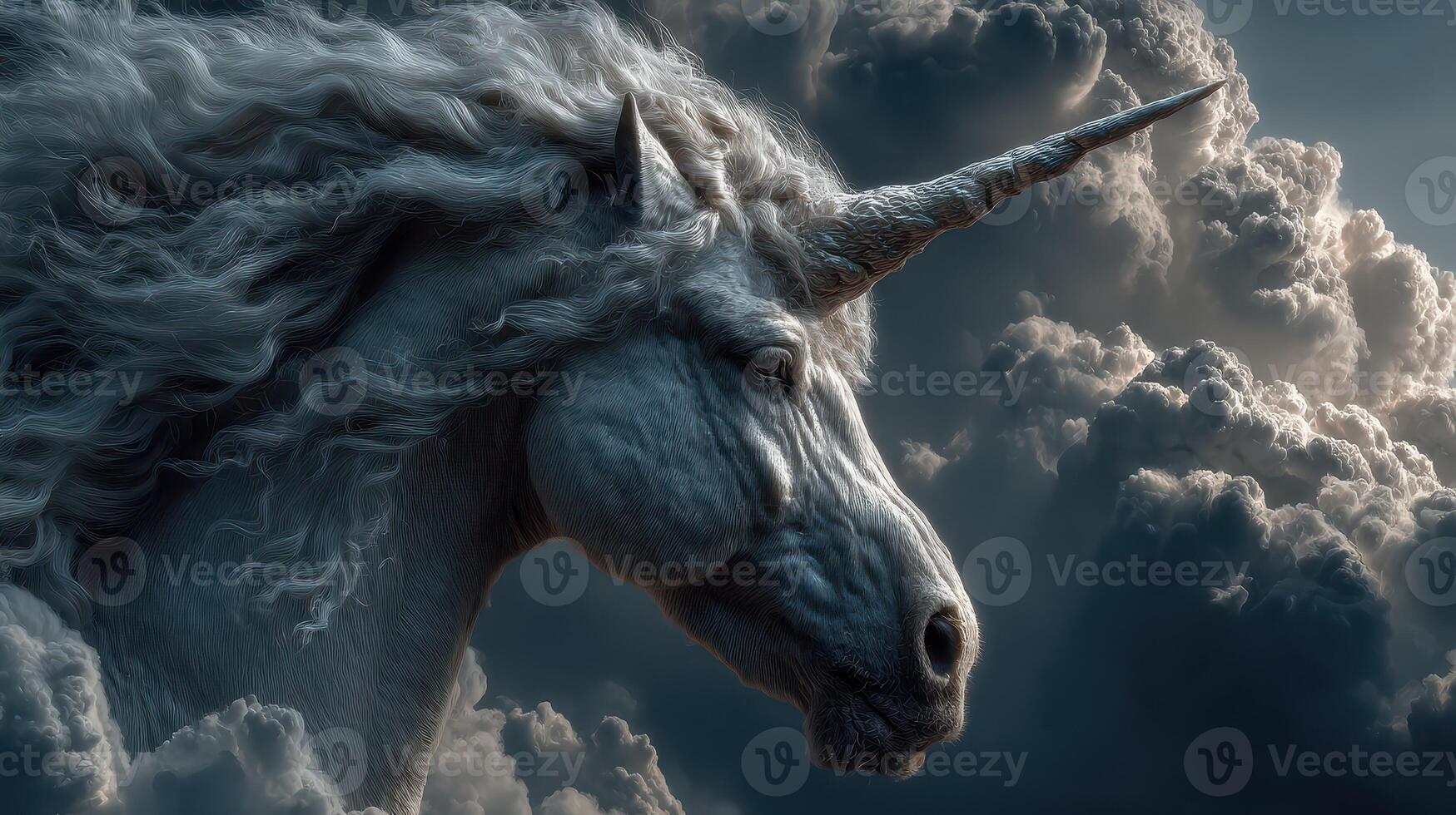 Majestic unicorn emerges from dark clouds under a stormy sky at twilight photo