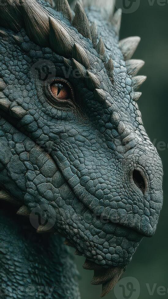 Detailed close-up of a blue dragon's face showcasing intricate scales and a piercing gaze photo
