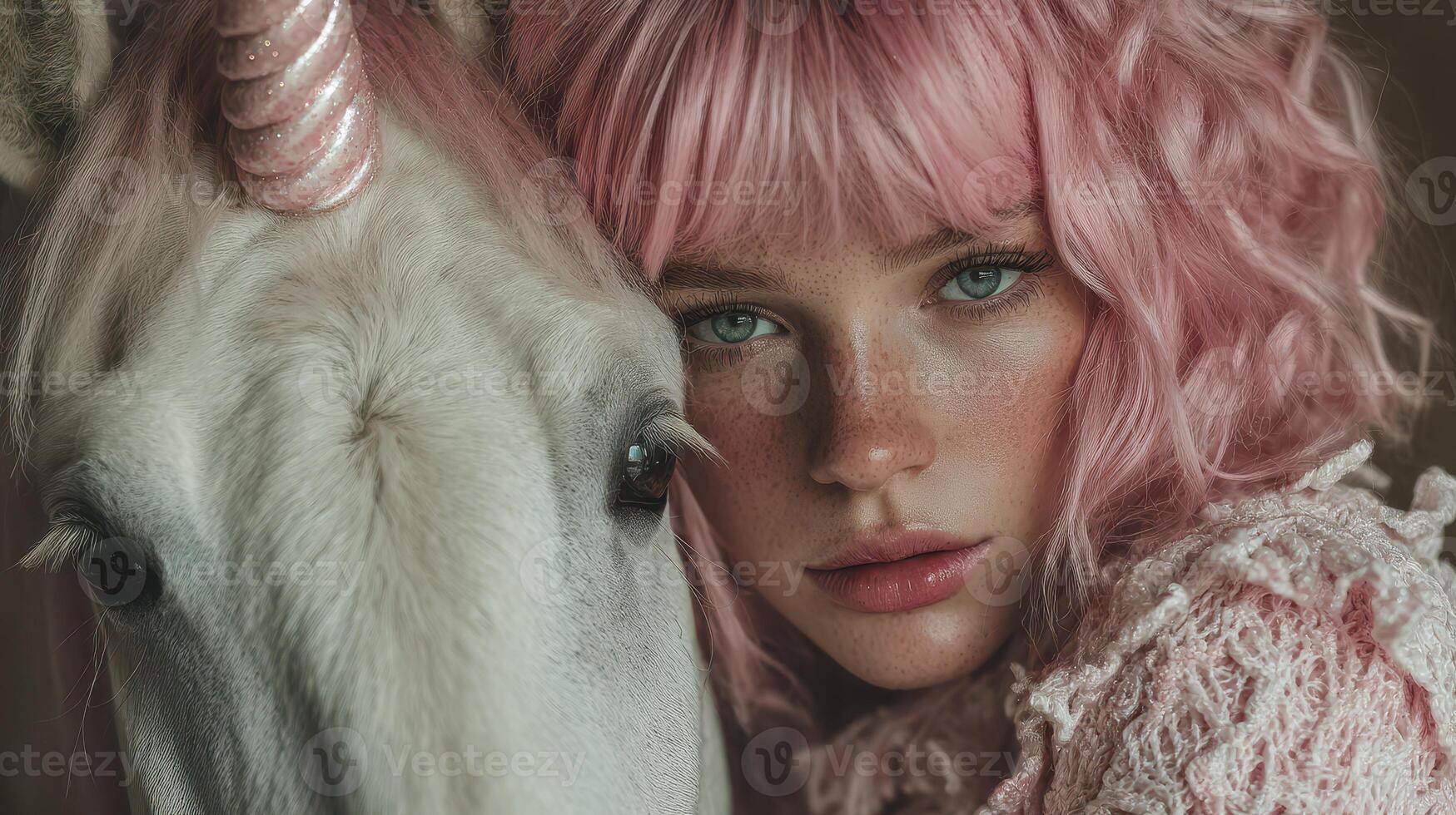 Young girl with pink hair poses beside a white unicorn in a whimsical environment during soft light hours photo