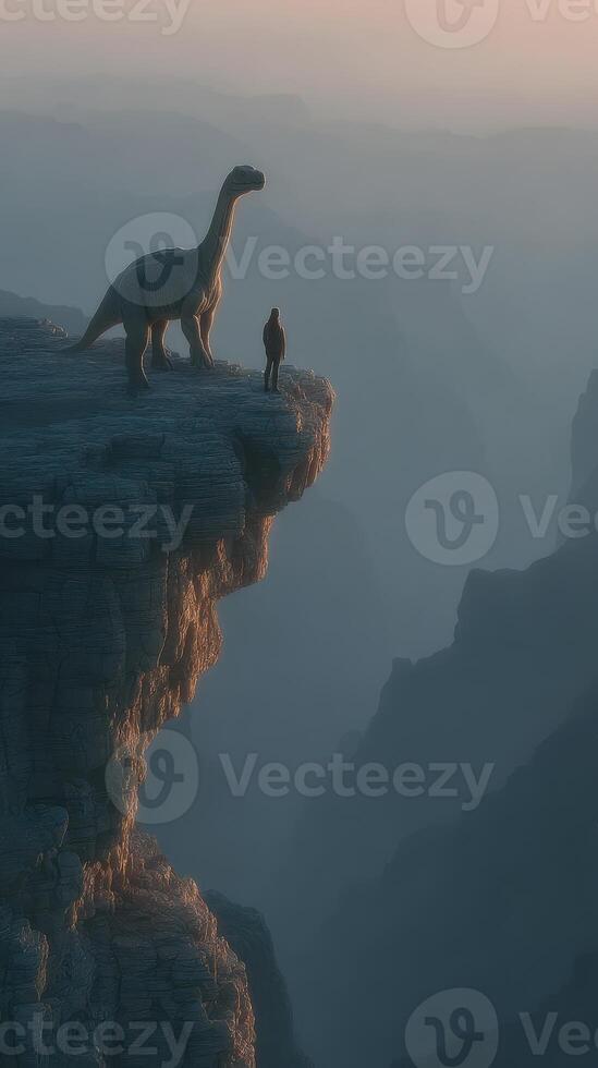 Dinosaur encounters human atop a breathtaking cliff at sunset, showcasing nature's majesty and imagination photo