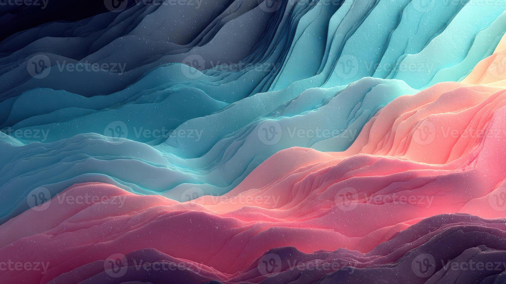 Colorful waves create a mesmerizing abstract landscape with layers of blue, pink, and lavender hues in a digital artwork photo