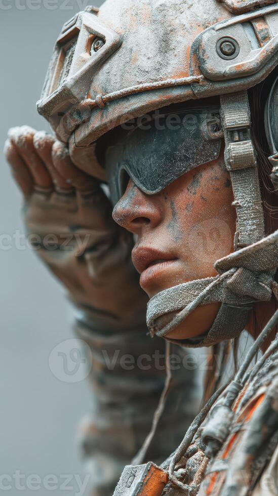 Soldier in tactical gear saluting during a dusty military operation in a desert environment at sunset photo