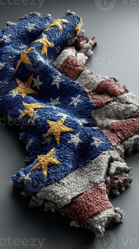 Textured fabric combining the flags of Europe and the United States draped on a dark surface photo