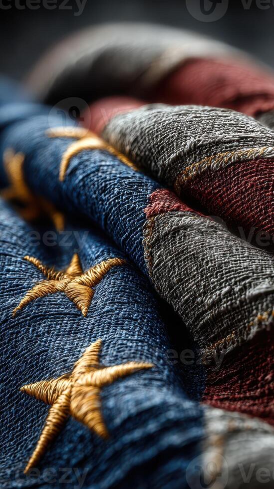 Stars and stripes woven together in a close-up display of fabric texture and craftsmanship photo