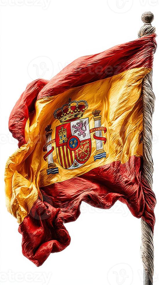 Spanish flag waving gracefully against a white background showcasing national pride and symbolism photo