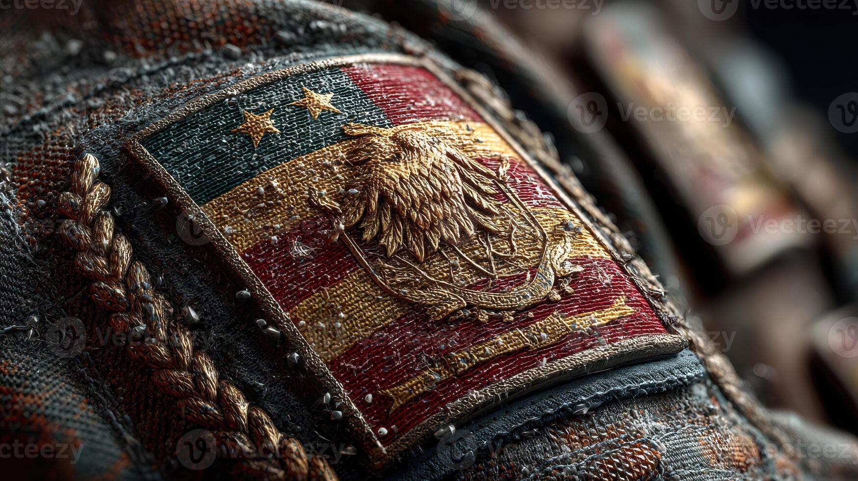 Detailed close-up of a unique textured badge featuring a stylized eagle and stars against vibrant colors photo
