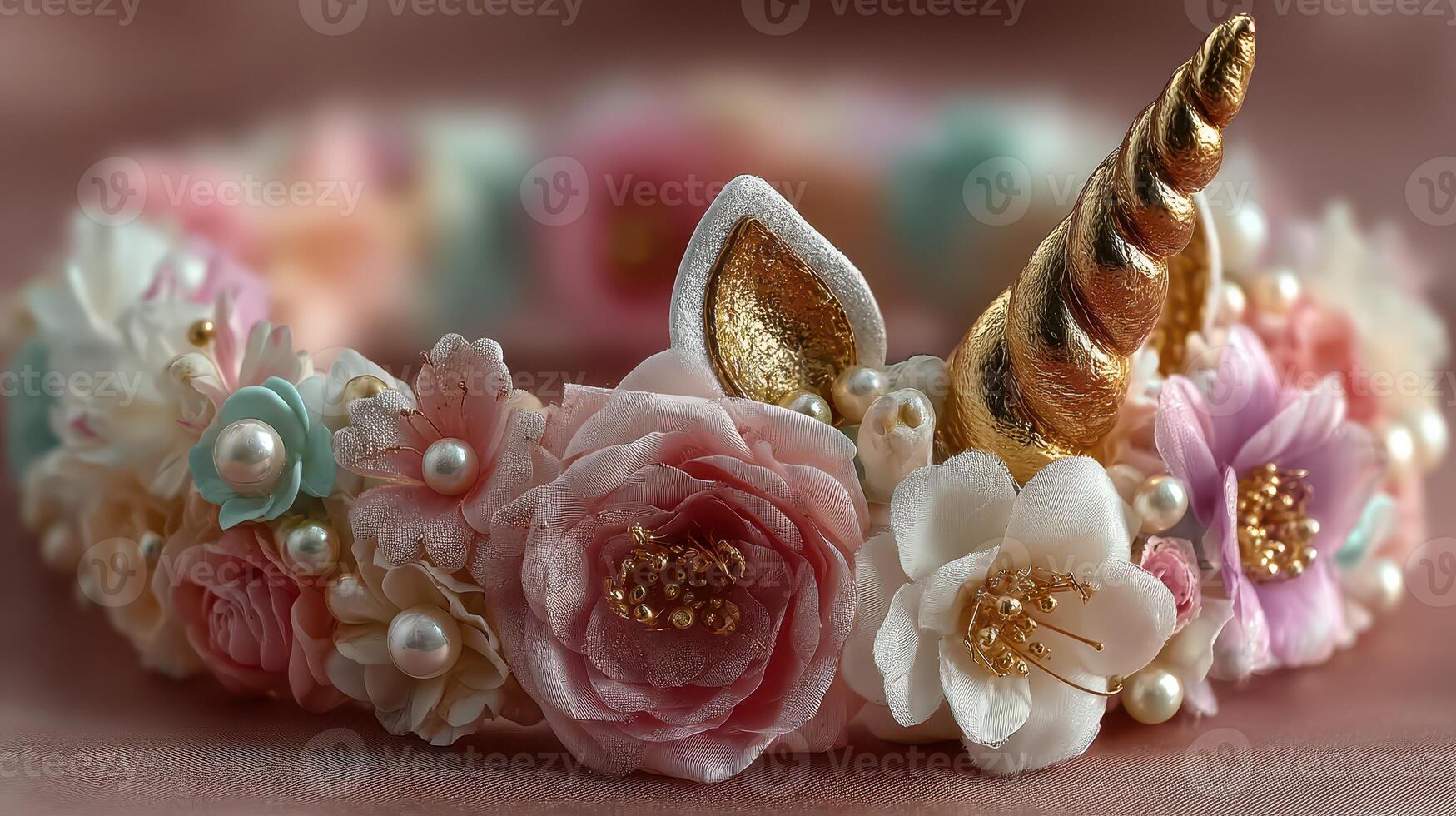 Colorful floral crown with unicorn horn made from soft materials on a pink background photo