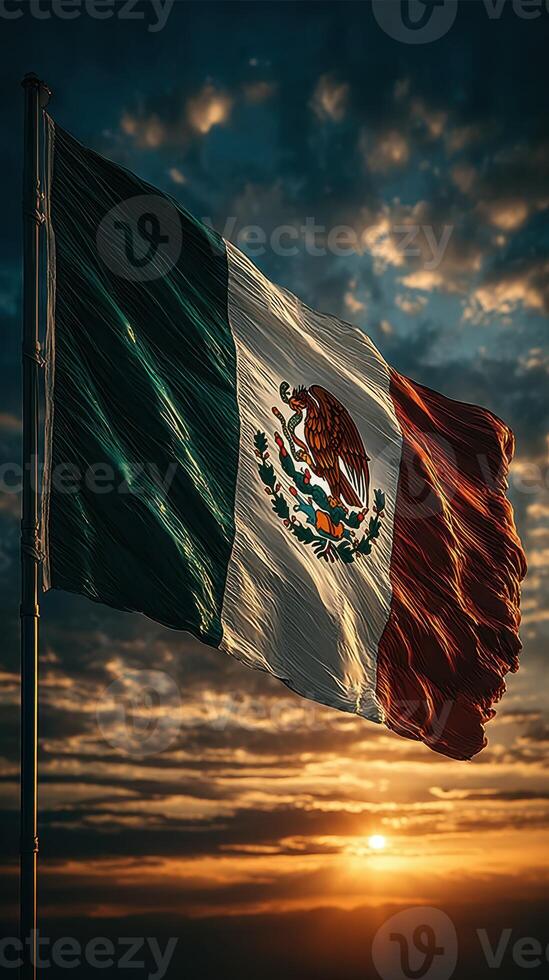 Waving Mexican flag against a dramatic sunset sky with clouds in the background photo