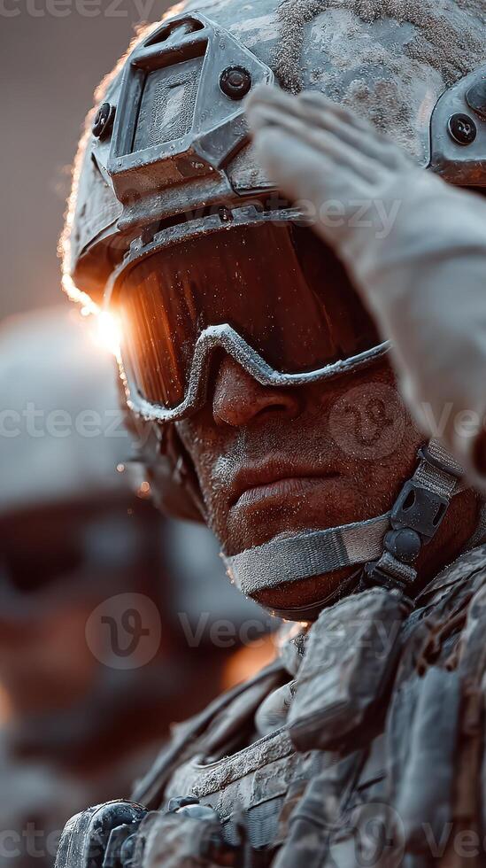 Soldiers in winter uniforms salute at dawn during military training exercise in a snowy environment photo