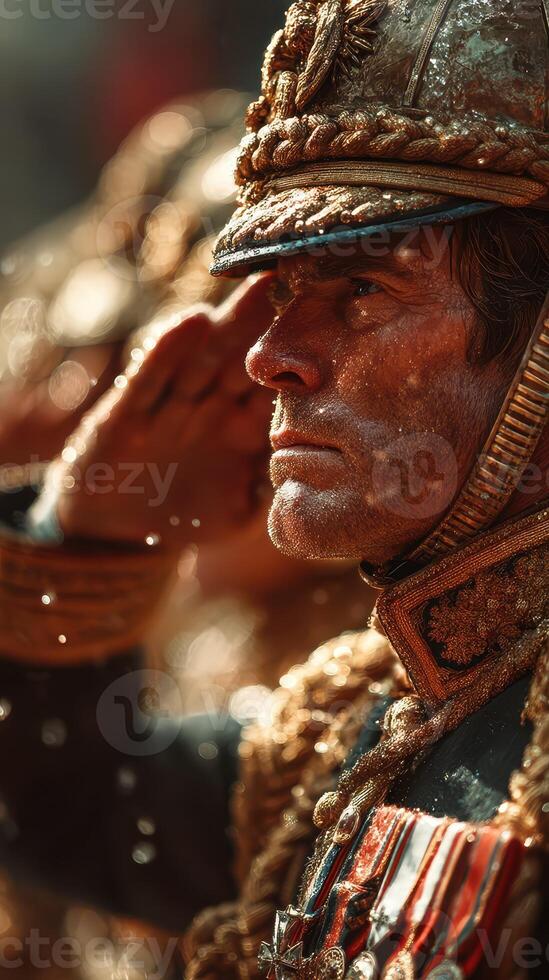 Soldier in ornate uniform salutes during a vibrant historical reenactment celebration in an outdoor location photo