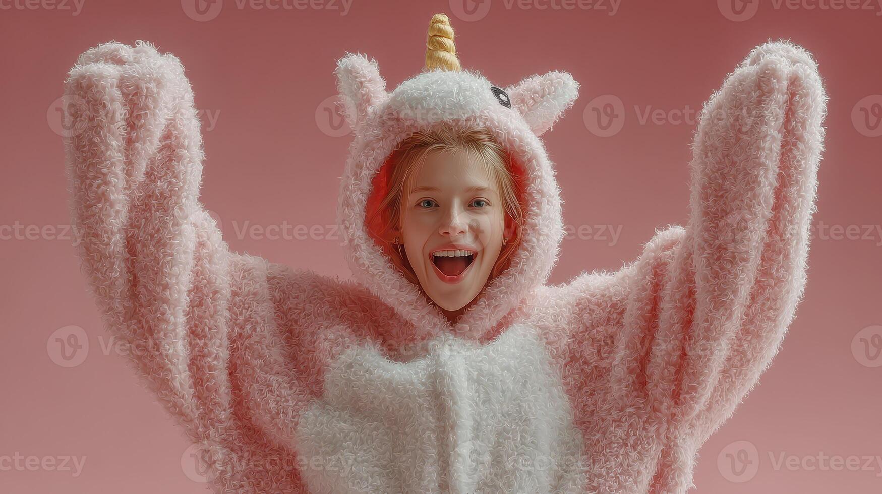 Joyful girl wearing pink unicorn onesie celebrates with playful spirit in a vibrant studio setting photo