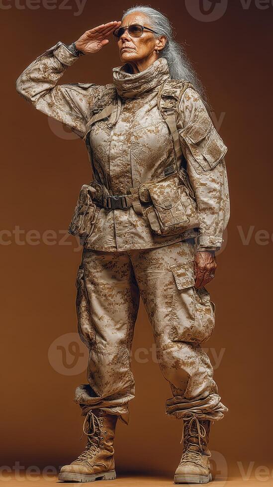 Military veteran saluting in combat uniform during a studio portrait session photo