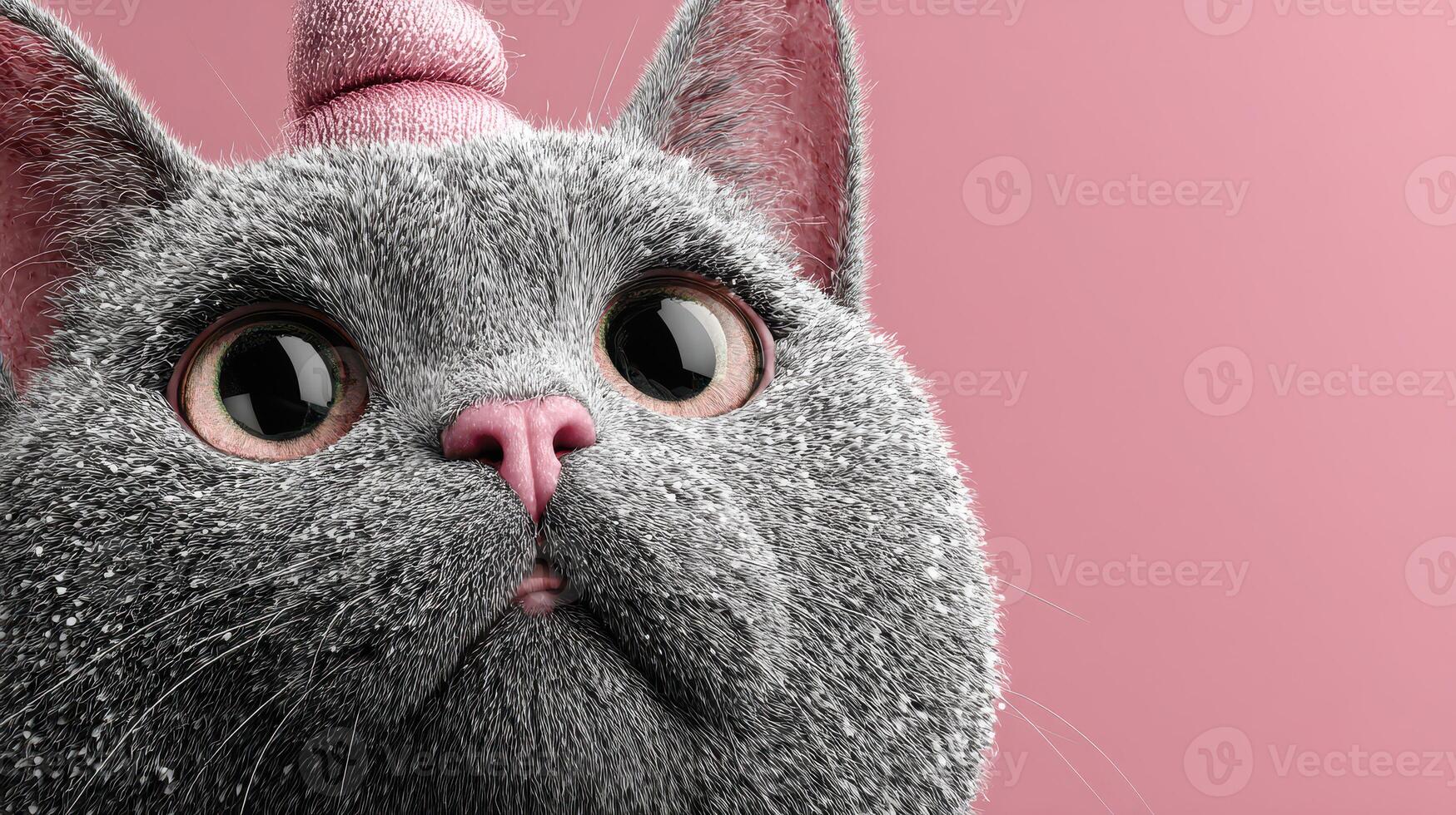 Cute gray cat wearing a pink hat with a soft expression against a pink background photo