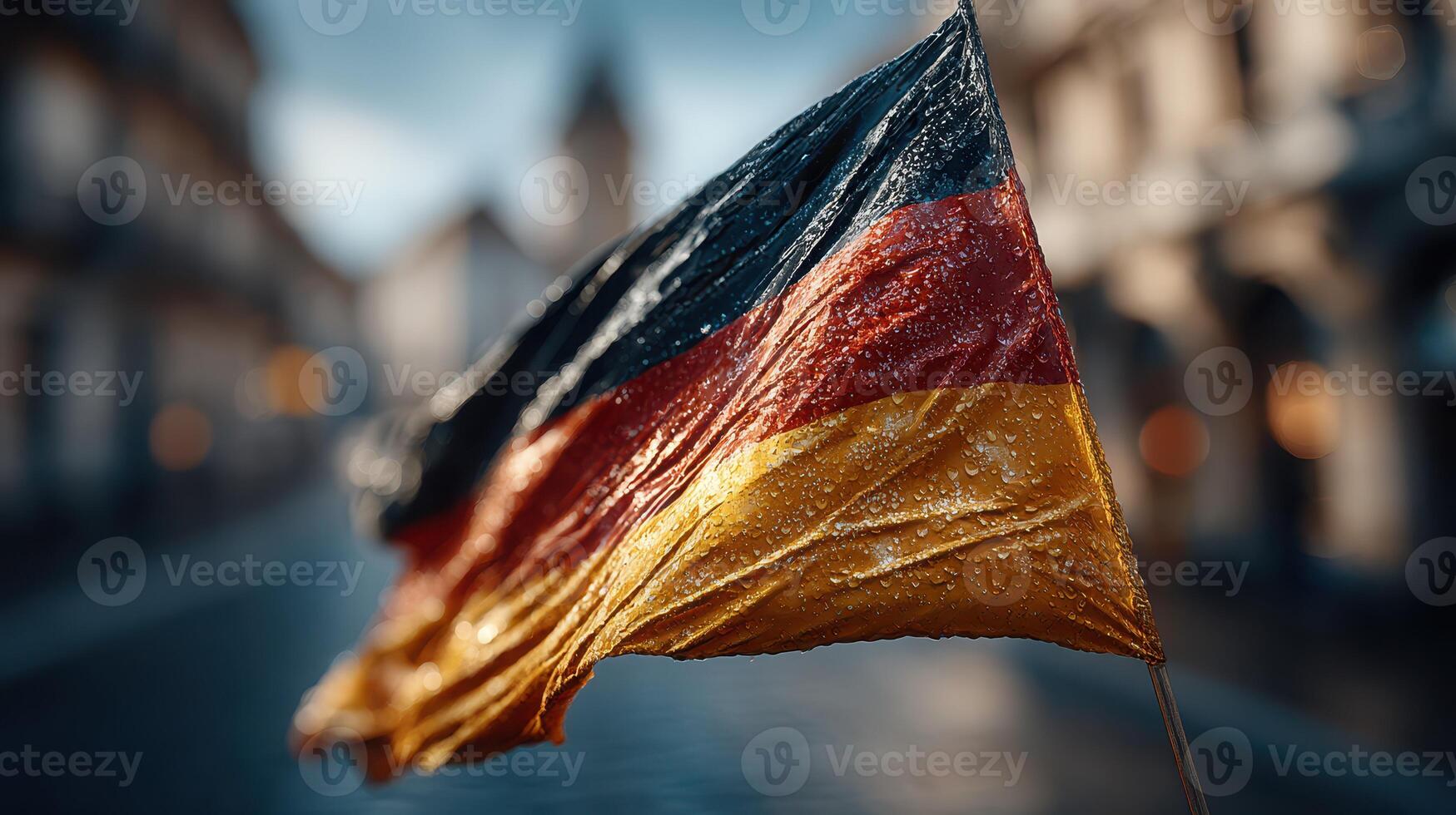 German flag waving in the rain, capturing the atmosphere of a vibrant cultural location during an overcast day photo