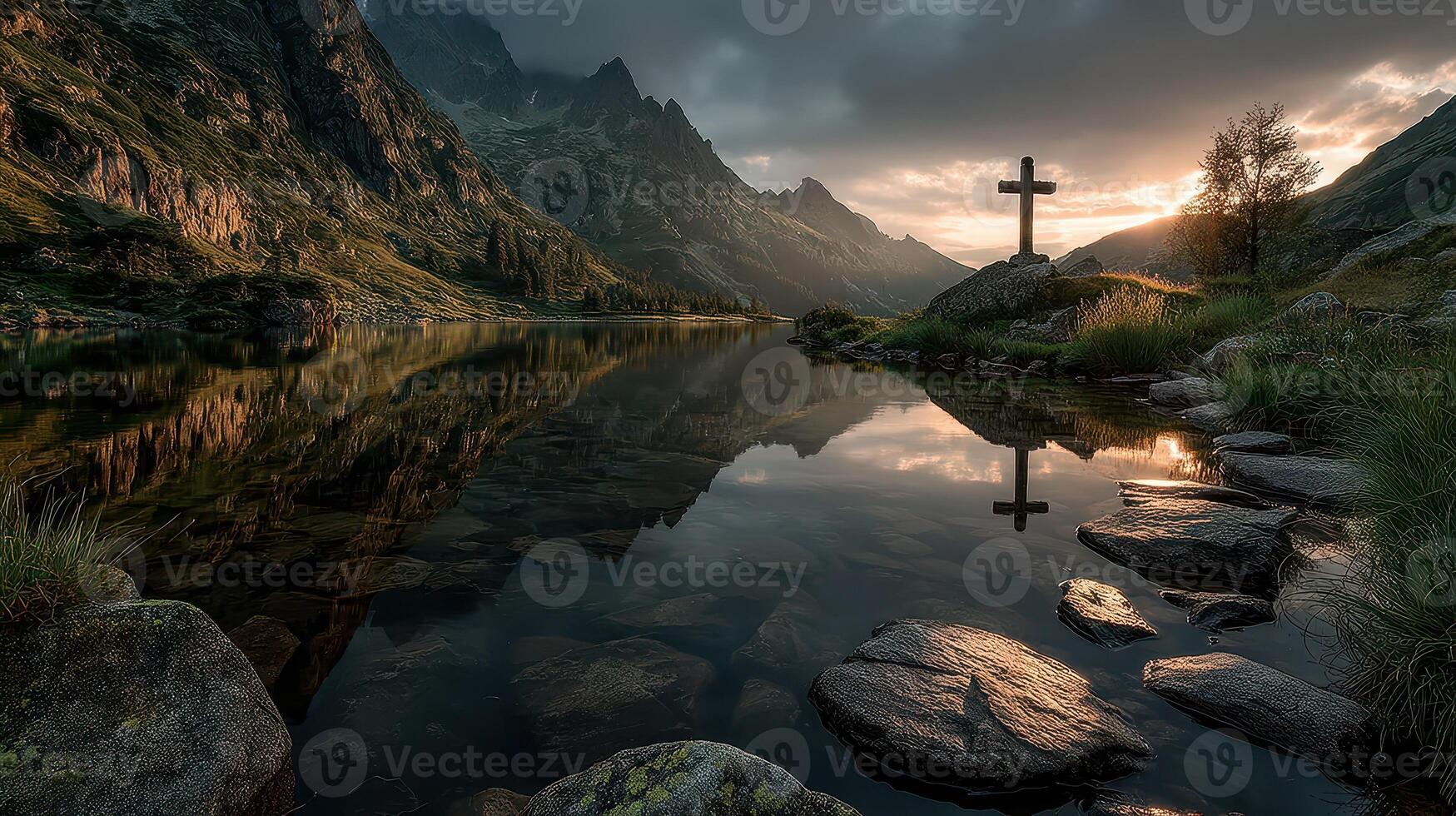 Sunrise over tranquil lake with mountain backdrop and a cross reflection in the water photo