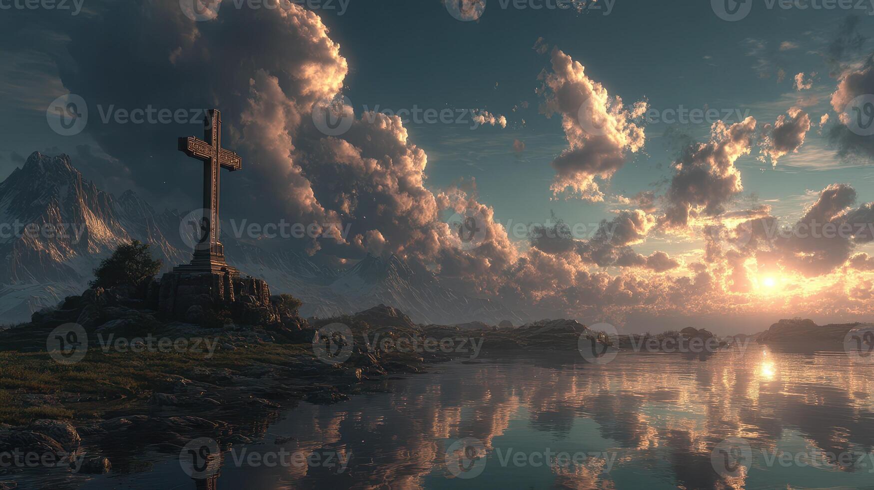 Scenic landscape featuring a cross at sunset near a reflective lake surrounded by mountains photo