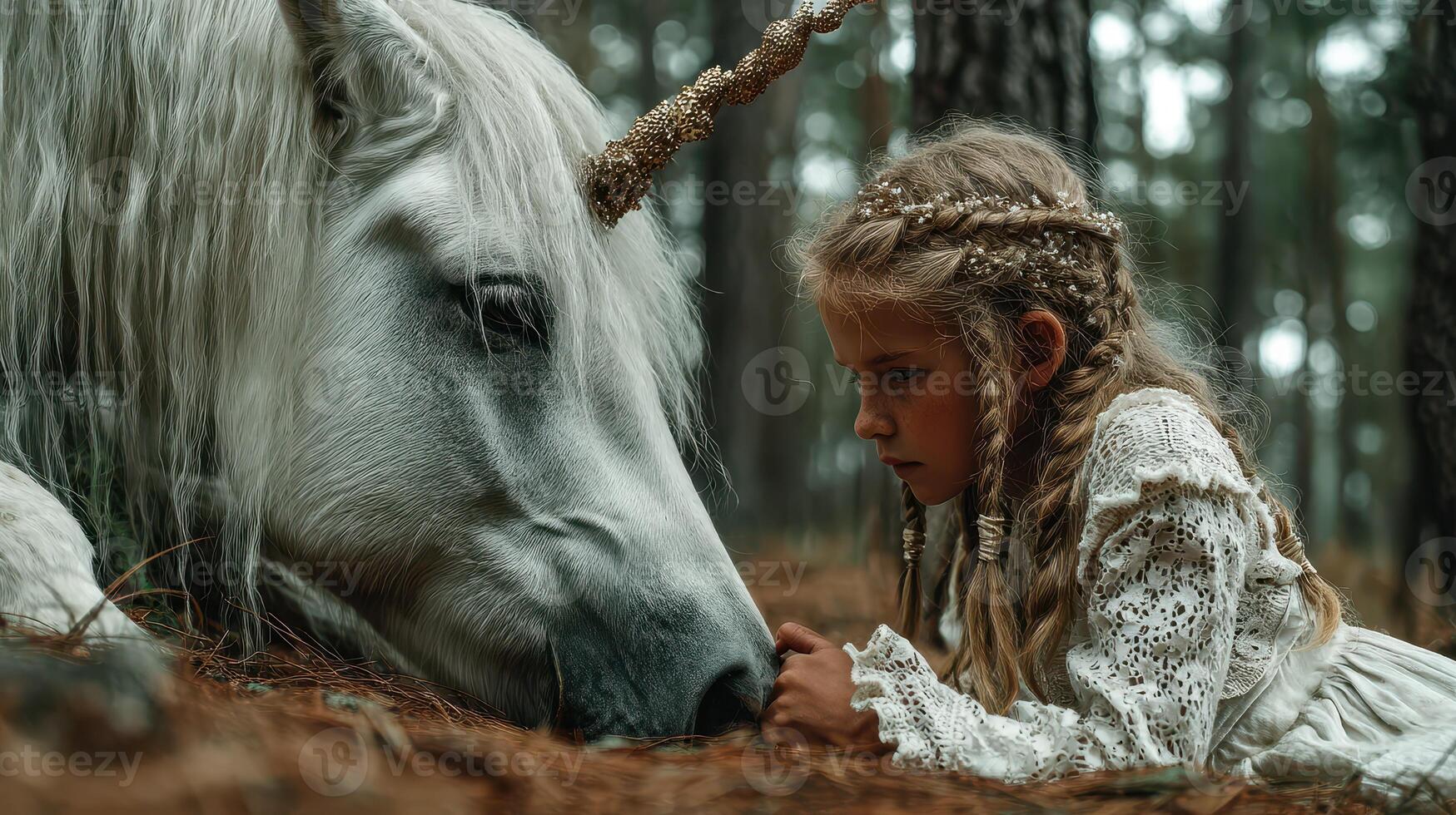 Young girl interacts with a unicorn in a serene forest setting during late afternoon photo