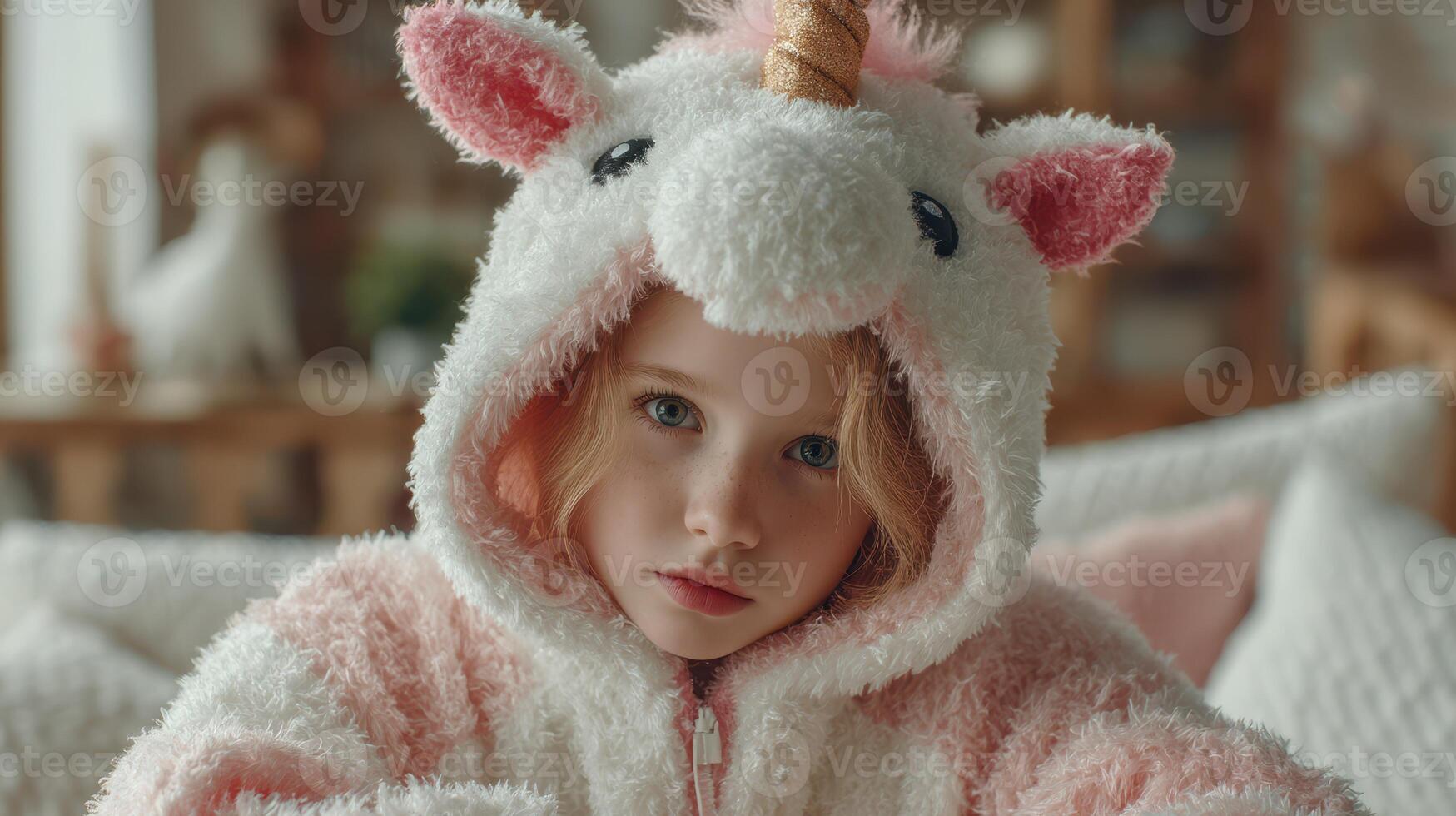 Young child in a cozy unicorn hoodie sitting indoors during a relaxed afternoon photo