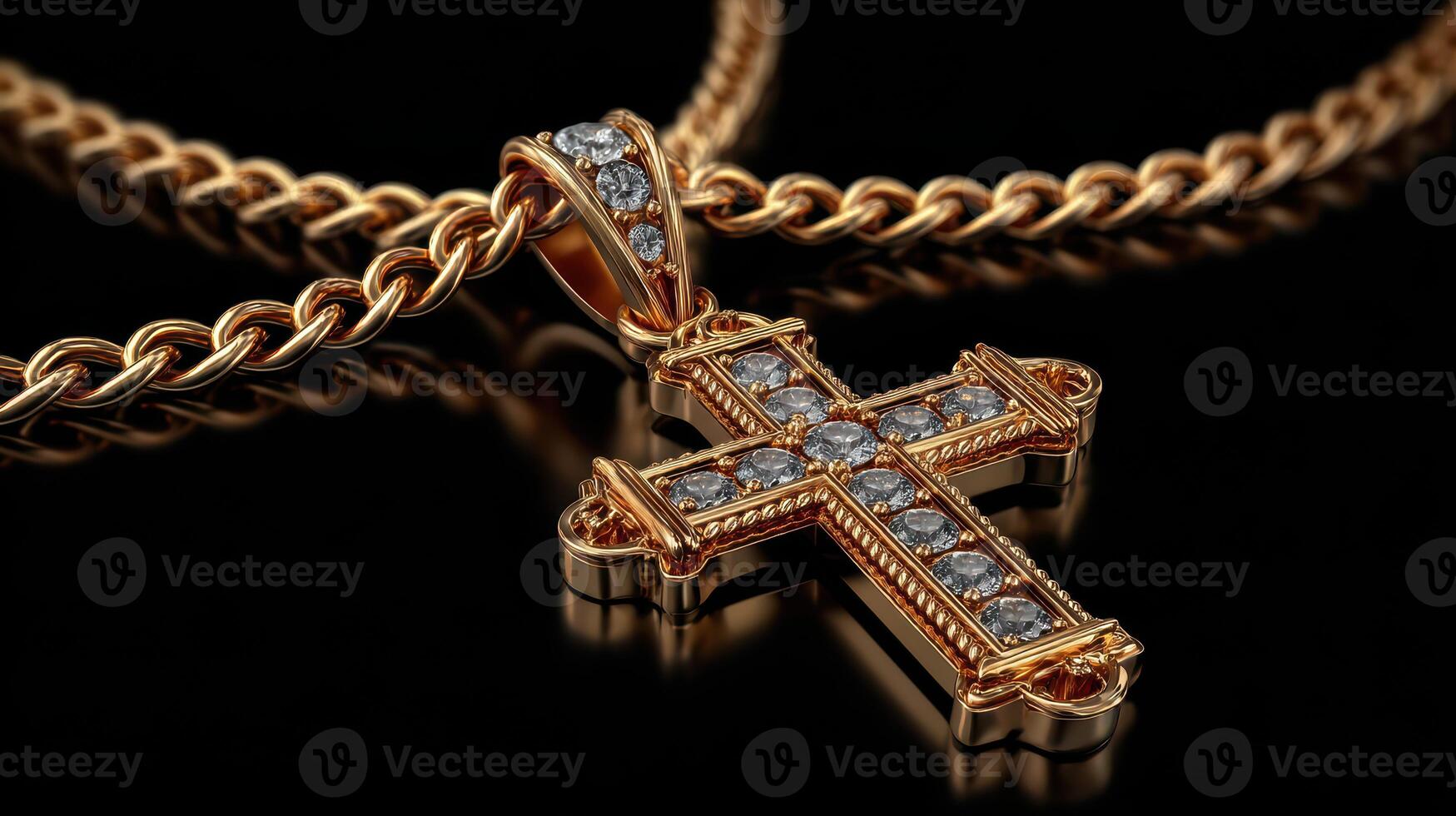 Beautiful golden cross pendant with diamonds on an elegant chain against a black background photo