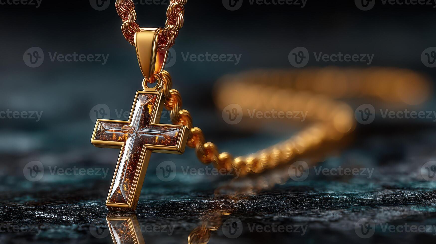 Golden cross pendant on a twisted chain with a dark background showcasing intricate craftsmanship and design details photo