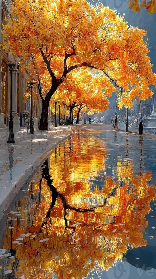 Beautiful autumn trees reflect in calm waters along a serene canal photo