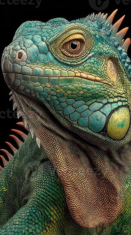 Detailed close-up of a green iguana showcasing textured scales and vibrant colors against a dark background in a natural setting photo