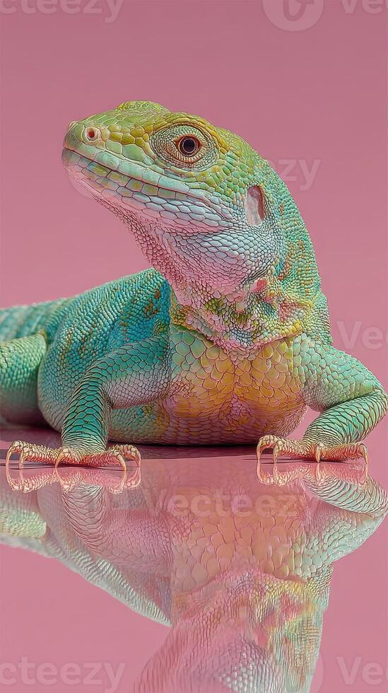 Lizard with vibrant colors rests on reflective surface in soft pink background during studio session photo