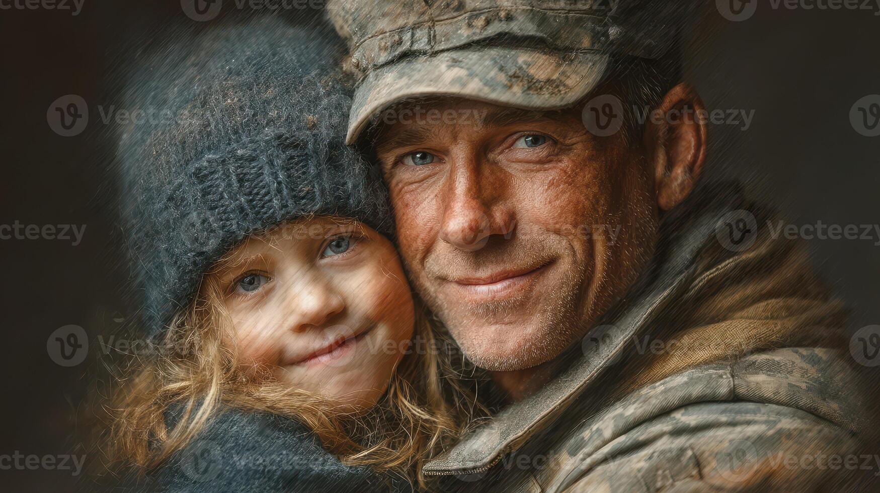 Soldier embraces daughter with warmth, sharing a moment of joy and connection during family reunion at home photo