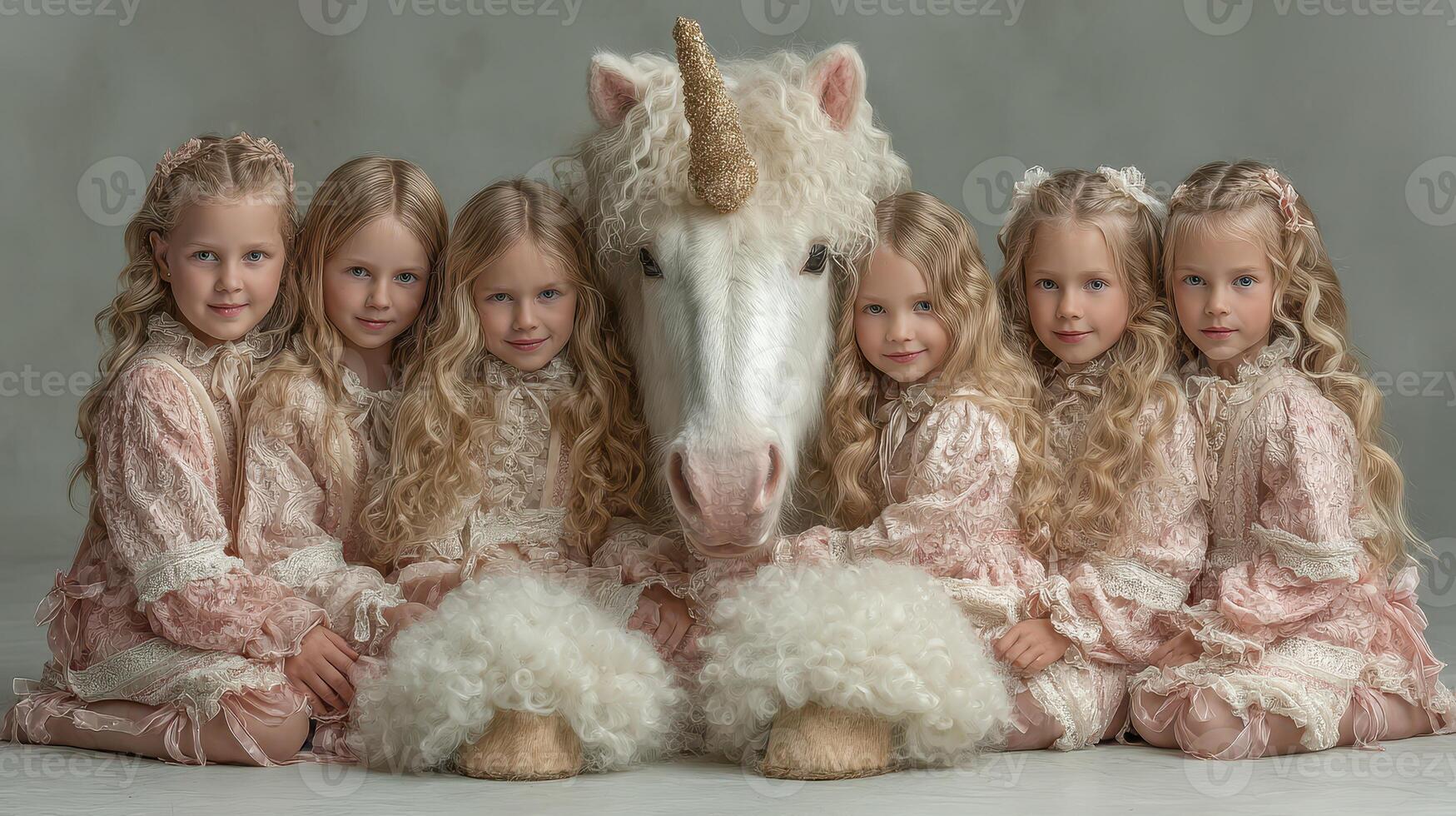 Six young girls in pastel dresses posing with a unicorn in a whimsical studio setting photo
