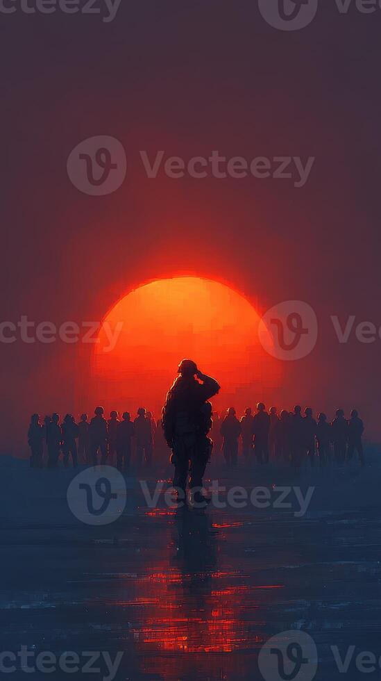 Soldiers salute during sunset amidst a backdrop of camaraderie and respect on a serene evening photo