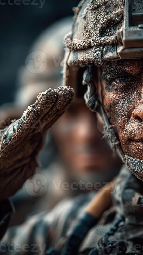 Soldier saluting with determination during a muddy training exercise in the early morning hours photo