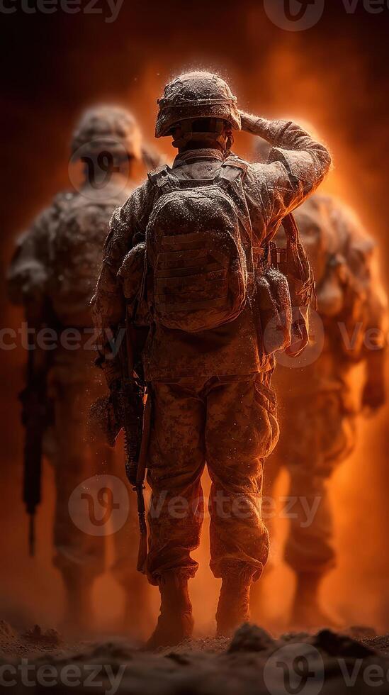 Soldiers saluting prominently in a dramatic atmosphere during a military operation at sunset photo