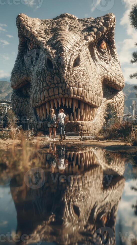Visitors admire giant dinosaur sculpture near a calm body of water during sunny daytime in an outdoor park setting photo