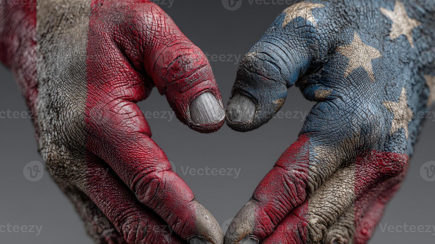 Hands painted with American flag colors create a heart shape, symbolizing unity and patriotism during a celebration photo