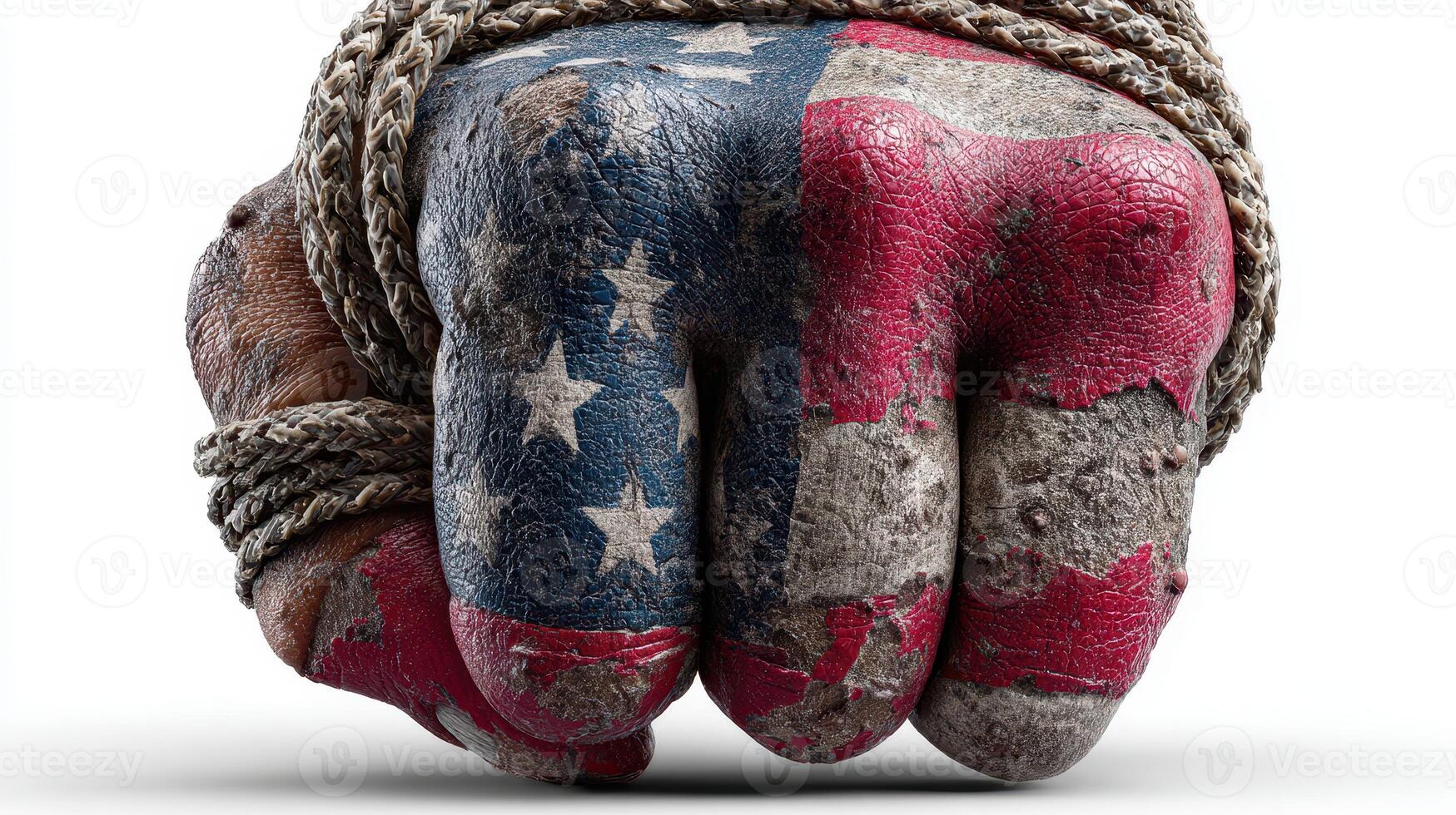 Symbolic representation of strength and unity displayed through a clenched fist wrapped in rope, showcasing patriotic colors photo