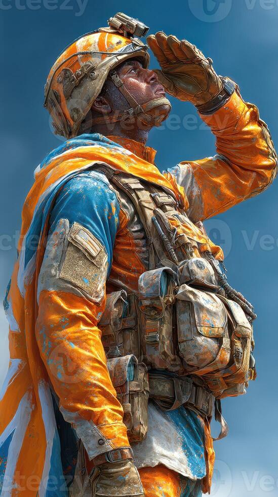 Soldier in patriotic attire salutes under a clear sky during a military ceremony photo