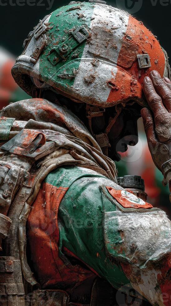 Soldier in camouflage uniform saluting during a military ceremony in a training ground photo