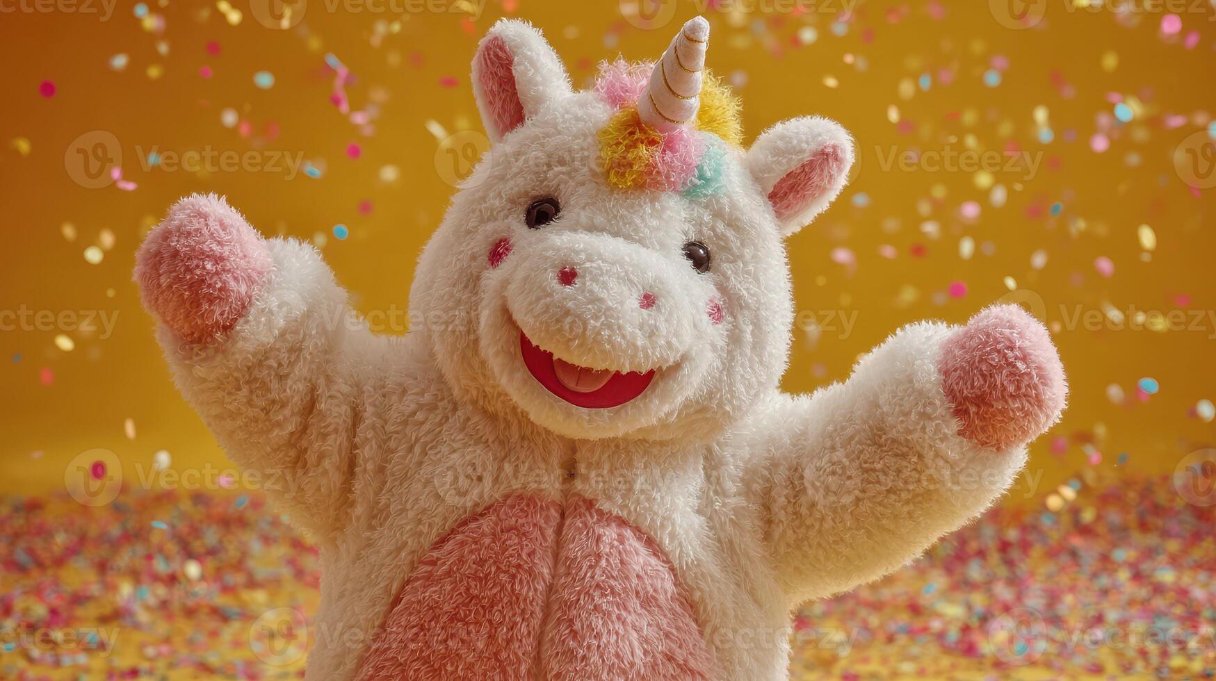 Colorful unicorn plush toy celebrates at a festive party with confetti and cheerful decor photo