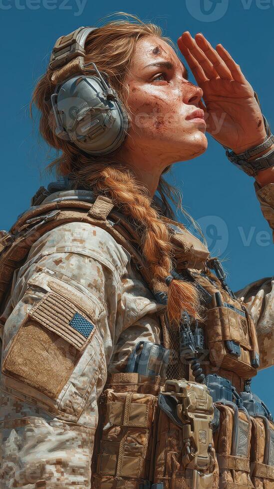 Soldier in military gear saluting against a clear blue sky during training exercise in rugged terrain photo