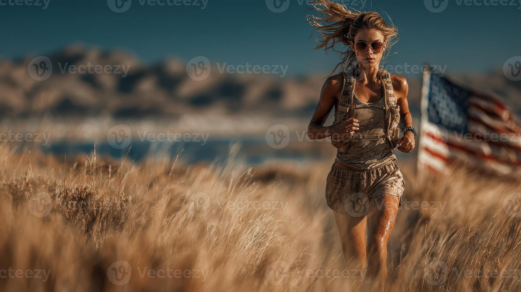 Runner in desert landscape carrying American flag during golden hour, showcasing determination and strength photo