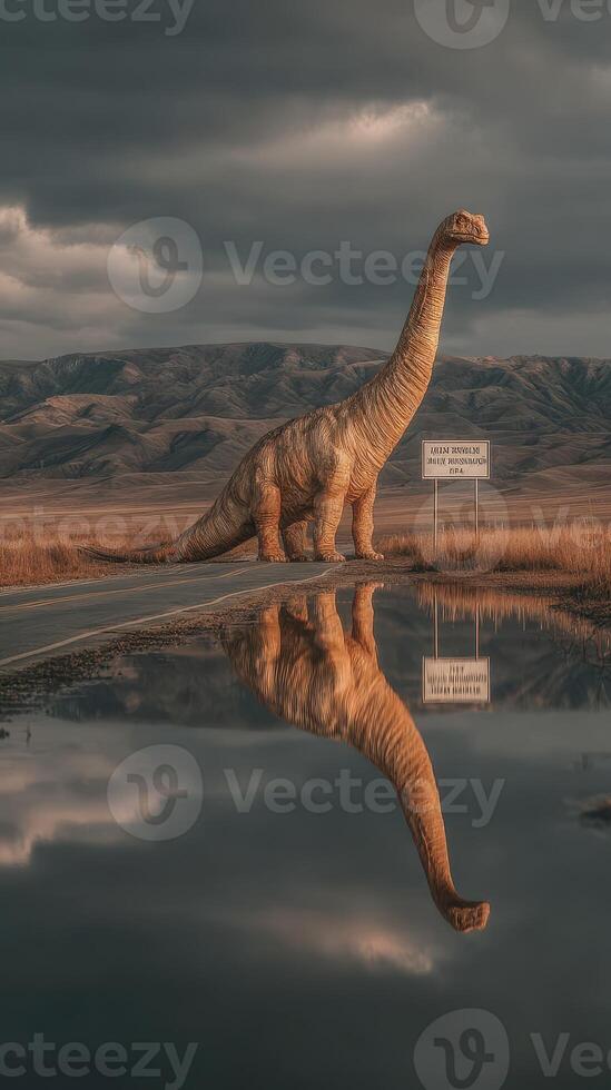 Dinosaur statue standing on a rural road beside a pond during golden hour with dramatic clouds overhead photo