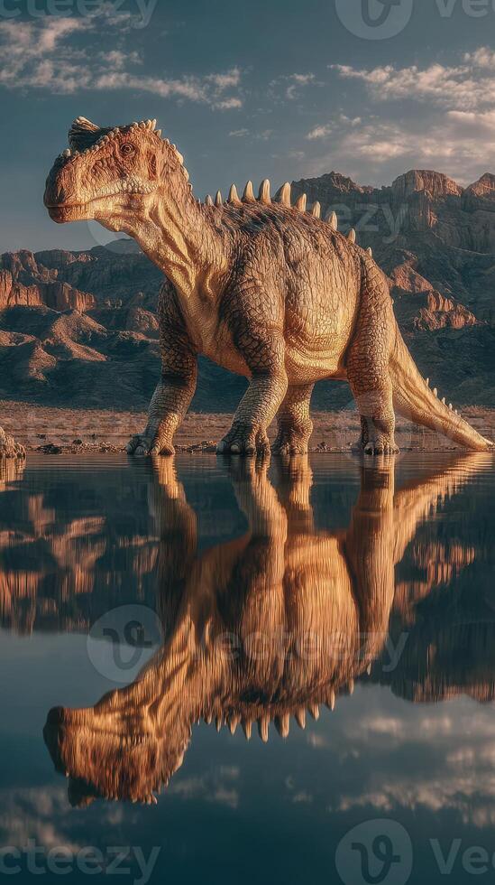 Dinosaur reflection in a tranquil lake surrounded by rocky mountains at sunset photo