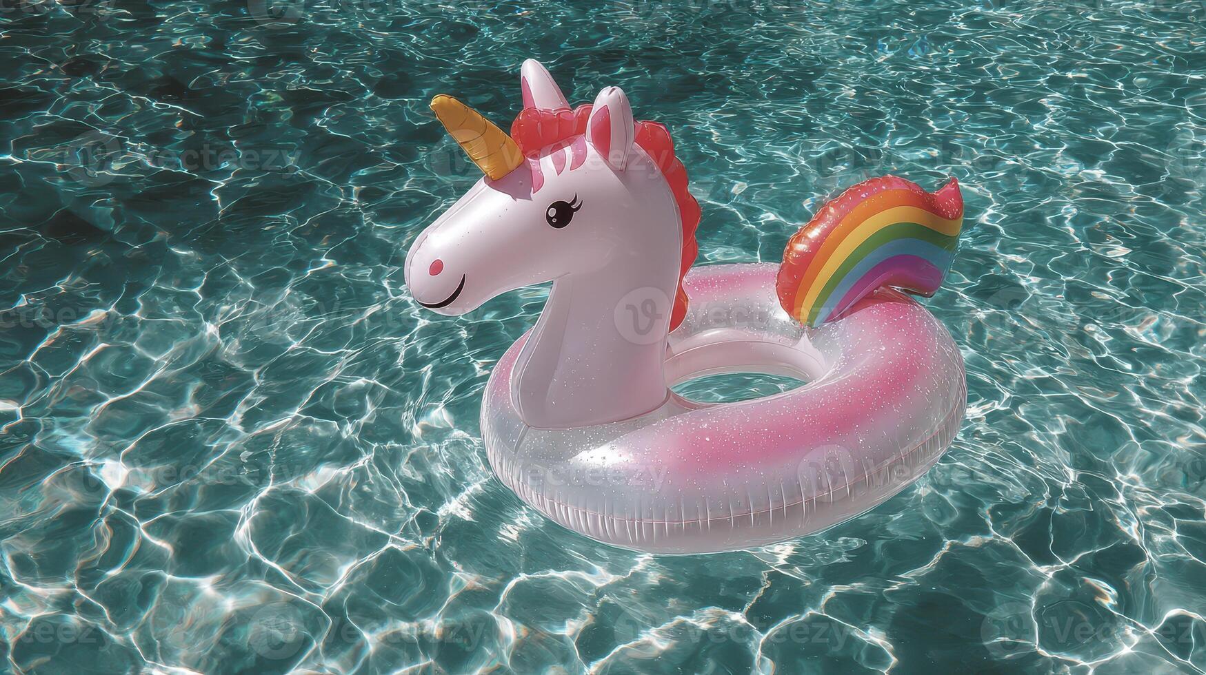 Colorful unicorn float in bright turquoise swimming pool during sunny day in summer photo